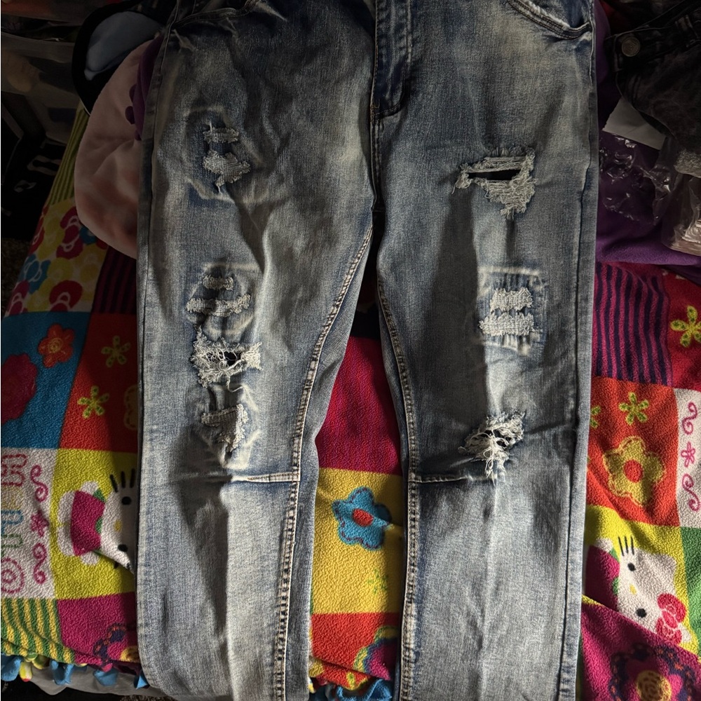 Blue Skinny Distressed Jeans with Zippers